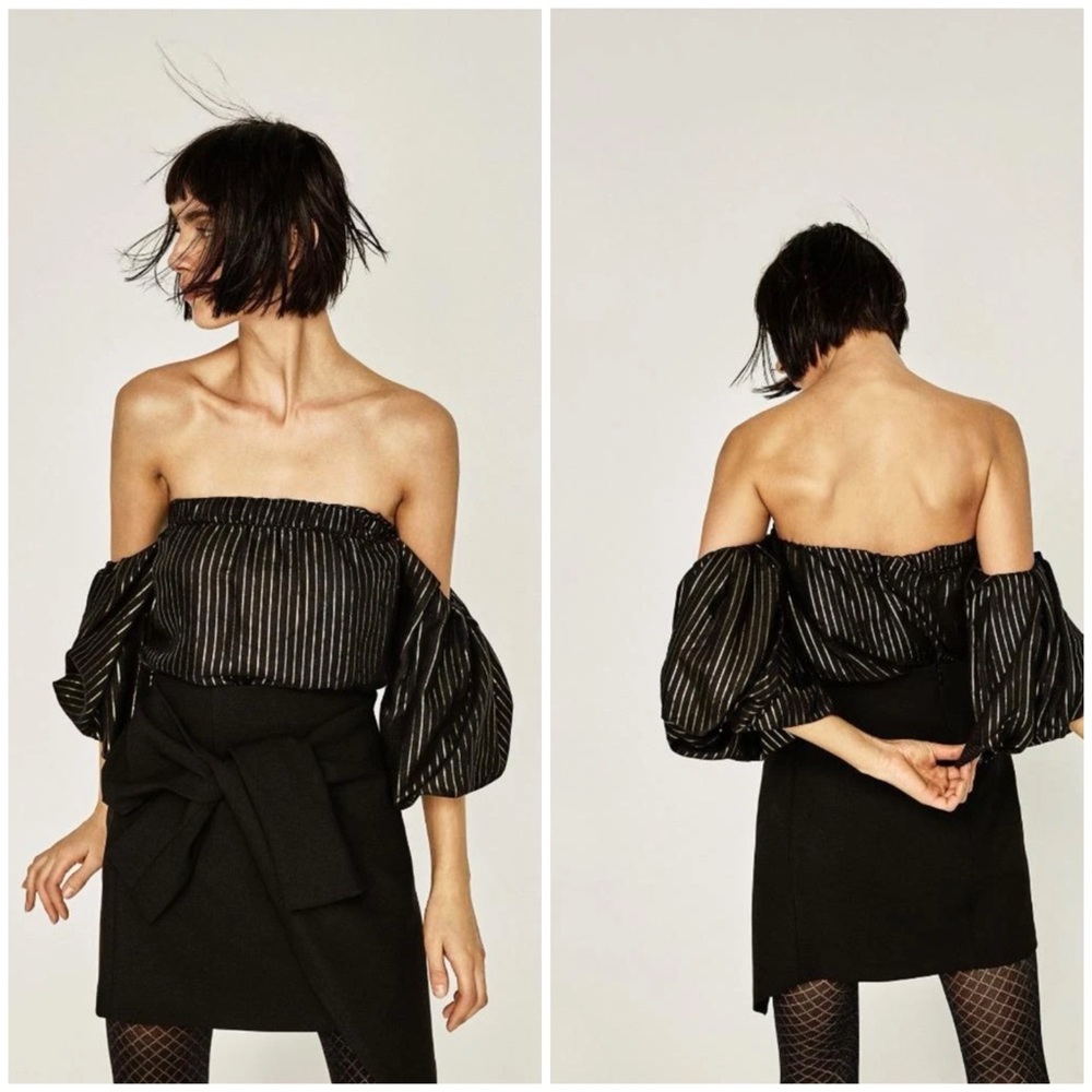 ZARA  BLACK AND GOLD METALLIC OFF THE SHOULDER PUFF SLEEVE TOP SIZE XS